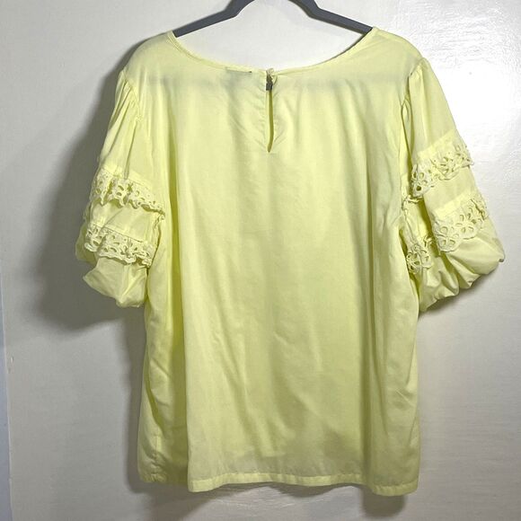 Ann Taylor Pastel Yellow Blouse Top XXL Ruffled Sleeves Crew Neck Cotton Blend - Picture 4 of 10